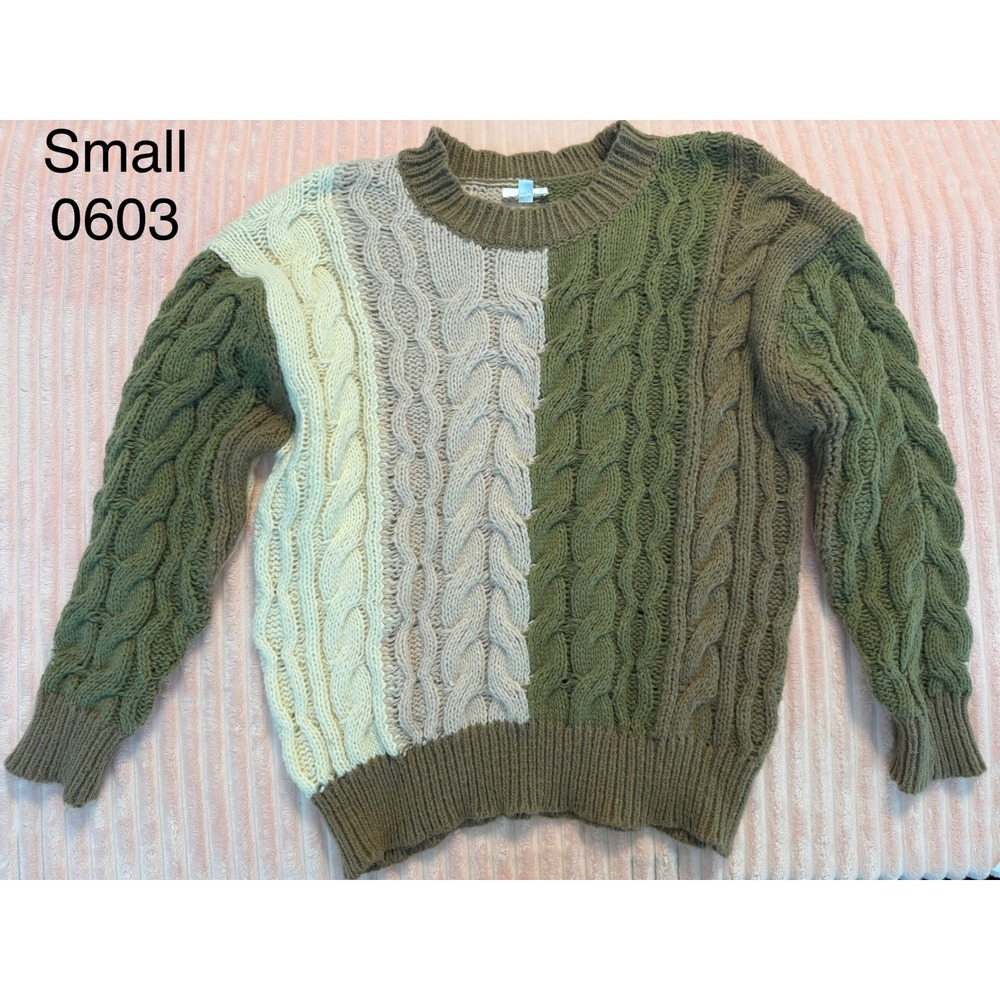 Lovelo Womens Small Colorblock Cable Knit Sweater Green Cream Taupe Crew Neck